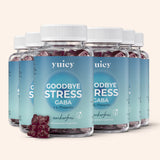 yuicy® Goodbye Stress Gummies mit GABA und L-Theanin. Die Dose ist blau gestaltet, enthält dunkelviolette Gummibärchen und trägt den Hinweis „zuckerfrei“. Nahrungsergänzungsmittel zur Unterstützung bei Stress und innerer Ruhe.