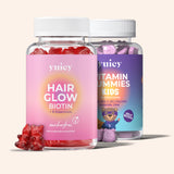2 yuicy® Dosen mit verschiedenen Nahrungsergänzungsmitteln: Hair Glow mit Biotin für Haut und Haare sowie Vitamin Gummies Kids mit Multivitaminen für Kinder. Ideal zur Unterstützung von Gesundheit, Wachstum und Wohlbefinden.