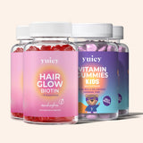 4 yuicy® Dosen mit verschiedenen Nahrungsergänzungsmitteln: Hair Glow mit Biotin für Haut und Haare sowie Vitamin Gummies Kids mit Multivitaminen für Kinder. Ideal zur Unterstützung von Gesundheit, Wachstum und Wohlbefinden.