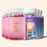 6 yuicy® Dosen mit verschiedenen Nahrungsergänzungsmitteln: Hair Glow mit Biotin für Haut und Haare sowie Vitamin Gummies Kids mit Multivitaminen für Kinder. Ideal zur Unterstützung von Gesundheit, Wachstum und Wohlbefinden.