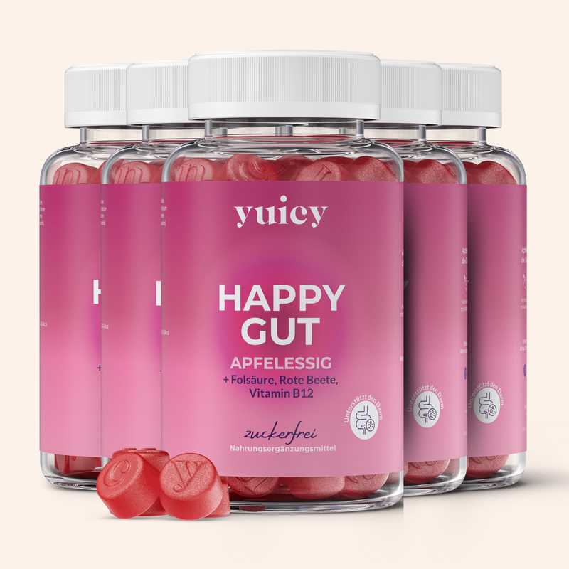 6 yuicy® Dosen mit Apfelessig, Folsäure, Rote Beete und Vitamin B12. Als Nahrungsergänzung für den Darm und den Stoffwechsel